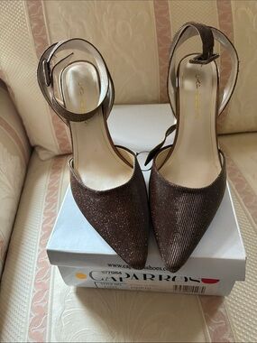 Caparros Brown Glitter Pointed-Toe Ankle-Strap Heels